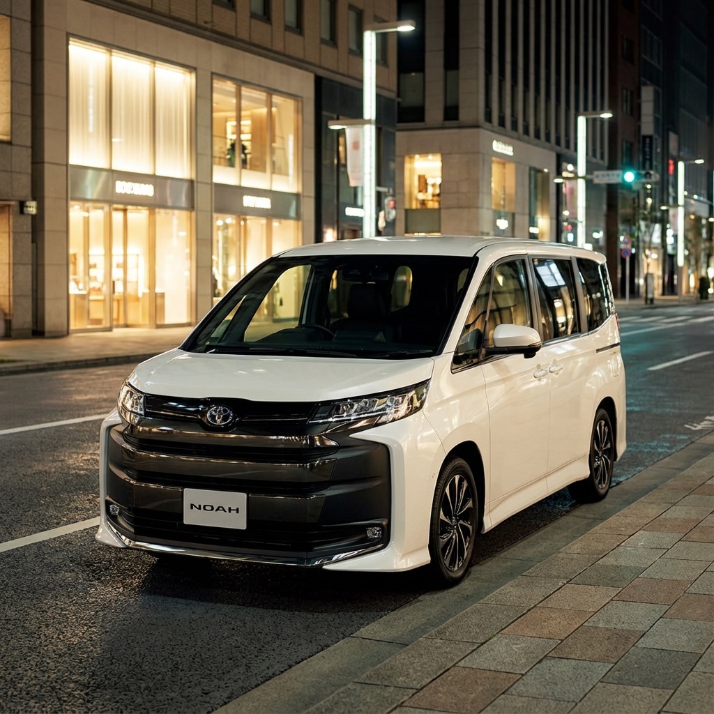日本の街の夜景の道路沿いに停まる Toyota Noah のAIイメージ