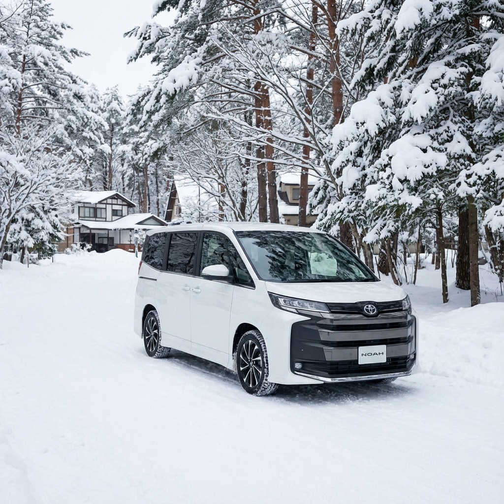 雪景色の道を走る Toyota Noah のAIイメージ